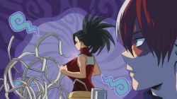 Rule 34 | 10s, 1boy, 1girl, animated, animated gif, black eyes, black hair, blue eyes, boku no hero academia, fire, ice, looking at another, looking away, multicolored hair, open clothes, serious, todoroki shouto, upper body, yaoyorozu momo