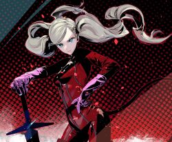 Rule 34 | 1girl, blonde hair, blue eyes, bodysuit, breasts, catsuit, closed mouth, cofffee, cowboy shot, floating hair, full-length zipper, gloves, gradient background, hair ornament, hairclip, light particles, long hair, medium breasts, no mask, persona, persona 5, pink gloves, planted, planted sword, planted weapon, red bodysuit, serious, swept bangs, sword, takamaki anne, twintails, weapon, zipper