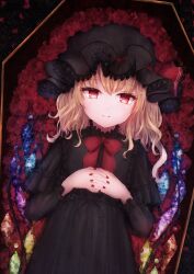 Rule 34 | 1girl, alternate costume, bebitera, black dress, bow, bowtie, coffin, crystal, dress, flandre scarlet, flat chest, flower, gothic lolita, hat, highres, in container, light smile, lolita fashion, looking at viewer, lying, medium hair, mob cap, nail polish, on back, own hands clasped, own hands together, petals, red bow, red bowtie, red eyes, red flower, red nails, red rose, rose, solo, touhou, upper body, vampire, wings