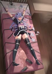 Rule 34 | 1girl, ahoge, ankle cuffs, assault lily, ball gag, bdsm, bed, black footwear, black ribbon, black skirt, black thighhighs, blister pack, blush, bottle, bound, bound legs, bound torso, bound wrists, bow, bow bra, bra, breasts, butterfly hair ornament, buttons, clothes lift, commentary request, commission, controller, cropped jacket, crying, crying with eyes open, cuffs, desk, detached sleeves, drooling, frilled skirt, frills, full body, gag, gagged, grey hair, hair ornament, hair ribbon, hair spread out, highres, imagawa homare, jewelry, lace, lace-trimmed bra, lace-trimmed panties, lace trim, loafers, long hair, lying, medicine bottle, miniskirt, neck ribbon, no shoes, on back, on bed, outstretched arms, panties, pill, pleated skirt, profile, puffy short sleeves, puffy sleeves, purple bow, purple bra, purple eyes, purple panties, pussy juice, pussy juice drip through clothes, pussy juice stain, raised eyebrows, remote control vibrator, ribbon, ring, rolling eyes, saliva, school uniform, scissors, sex toy, shirt, shoes, short sleeves, skeb commission, skirt, skirt lift, small breasts, solo, stained sheets, tears, thighhighs, torn clothes, torn shirt, two side up, underbust, underwear, unworn shoes, vibrator, vibrator under clothes, water bottle, wavy hair, white shirt, wooden floor, yurigaoka girls academy school uniform, yuzu koshou (yuzukosyooisi)