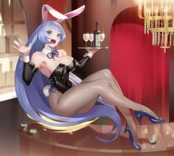 Rule 34 | 1girl, :d, absurdres, animal ears, bar (place), bare shoulders, black leotard, black sleeves, blue eyes, blue footwear, blue hair, blue ribbon, boku no hero academia, bottle, breasts, chandelier, cleavage, commentary, commission, covered navel, cup, detached collar, detached sleeves, drinking glass, english commentary, fake animal ears, fake tail, fine fabric emphasis, floating, full body, hadou nejire, high heels, highleg, highleg leotard, highres, holding, holding tray, koyap, large breasts, leotard, long hair, looking at viewer, open mouth, pantyhose, playboy bunny, poker chip, rabbit ears, rabbit girl, rabbit tail, ribbon, smile, solo, strapless, strapless leotard, swept bangs, table, tail, thick thighs, thighs, toned, tray, very long hair, wine bottle, wrist cuffs