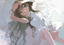 Rule 34 | 1girl, arms up, bare arms, bare legs, blue eyes, blush, brown hair, closed mouth, collared dress, commentary request, dress, feet out of frame, from above, highres, long hair, lying, on back, original, potg (piotegu), sleeveless, sleeveless dress, solo, white dress