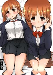 Rule 34 | 1girl, absurdres, alternate costume, bed sheet, between legs, black skirt, blazer, blue jacket, blush, bow, bowtie, brown eyes, brown hair, closed mouth, commentary, dress shirt, from above, girls und panzer, hand between legs, hand in own hair, highres, jacket, looking at viewer, lying, miniskirt, multiple views, nishizumi miho, on back, on bed, open clothes, open jacket, open mouth, pleated skirt, red neckwear, school uniform, shirt, short hair, sitting, skirt, smile, thighs, translated, white shirt, wing collar, yogurt bakudan