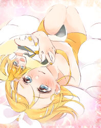Rule 34 | 1girl, aqua eyes, bare arms, bare legs, bare shoulders, blonde hair, blush, bow, character print, closed mouth, dakimakura (object), hair bow, hair ornament, hairclip, highres, holding, holding pillow, hugging object, kagamine len, kagamine rin, light smile, looking at viewer, lying, mimi mine, on back, pajamas, pillow, pillow hug, pink background, quilt, short hair, shorts, smile, solo, sparkle background, vocaloid, white bow, yellow nails, yellow pajamas, yellow shorts
