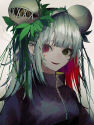 Rule 34 | 1girl, black jacket, breasts, colored inner hair, commentary, double bun, english commentary, fang, grey hair, hair bun, hair ornament, heterochromia, hidariri, high collar, highres, jacket, leaf, looking at viewer, medium hair, multicolored hair, original, parted lips, plant, purple eyes, red hair, simple background, skin fang, small breasts, smile, solo, stitched eye, third eye, upper body, yellow eyes, zipper