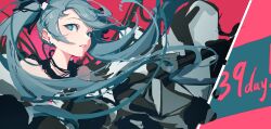 Rule 34 | 1girl, 39, absurdres, aqua eyes, aqua hair, chinese commentary, commentary request, earrings, facing viewer, hatsune miku, highres, jewelry, long hair, looking ahead, open mouth, red background, solo, stud earrings, teeth, twintails, upper body, vocaloid, youliyu
