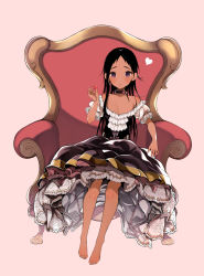 Rule 34 | 1boy, bare legs, bare shoulders, barefoot, belt collar, black hair, black skirt, center frills, chair, collar, commentary, dark-skinned male, dark skin, dress, feet, flat chest, frilled dress, frilled skirt, frilled sleeves, frills, full body, heart, highres, holding, holding heart, lace, lace-trimmed dress, lace-trimmed skirt, lace trim, long hair, looking at viewer, male focus, multicolored clothes, multicolored skirt, nail polish, off-shoulder dress, off shoulder, open mouth, original, parted bangs, petticoat, pink background, puffy short sleeves, puffy sleeves, purple eyes, sakiyo cake, short sleeves, simple background, single sidelock, sitting, skirt, solo, toes, trap, very long hair