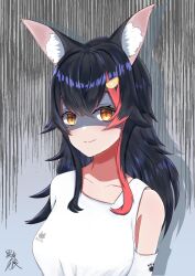 Rule 34 | 1girl, animal ear fluff, animal ears, black hair, breasts, commentary request, false smile, gloom (expression), hair between eyes, hair ornament, hairclip, highres, hololive, kuroki ookami (blackwolfpaint), long hair, looking at viewer, medium breasts, multicolored hair, ookami mio, ookami mio (casual), red hair, shirt, sidelocks, signature, smile, solo, streaked hair, virtual youtuber, white shirt, wolf ears, wolf girl, yellow eyes