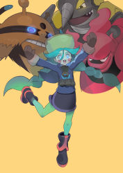 Rule 34 | 1girl, :d, absurdres, alternate color, arms up, black footwear, black skirt, blue eyes, blue jacket, blush stickers, boots, braid, bright pupils, brown mittens, commentary request, creatures (company), electivire, eyelashes, fur hat, game freak, gen 4 pokemon, glowing, glowing eyes, green hair, green headwear, green pantyhose, hair between eyes, hat, highres, hiro (user negm3832), jacket, leg up, long hair, long sleeves, magmortar, mittens, nintendo, open mouth, pantyhose, pokemon, pokemon (creature), pokemon legends: arceus, rhyperior, sabi (pokemon), shiny pokemon, skirt, smile, standing, standing on one leg, teeth, tongue, twin braids, twintails, upper teeth only