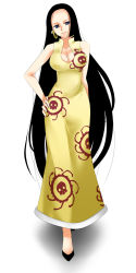 Rule 34 | 1girl, amazon warrior, bare shoulders, black hair, blue eyes, boa hancock, breasts, cleavage, dress, earrings, female focus, forehead, full body, gradient background, hand on own hip, highres, hip focus, jewelry, korushiba, large breasts, long hair, long image, one piece, shoes, solo, tall image, very long hair, white background