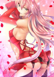 Rule 34 | 10s, 1girl, arched back, arms up, ass, backless dress, backless outfit, bare back, bare shoulders, black panties, black thighhighs, blush, breasts, cowboy shot, dies irae, dress, elbow gloves, from behind, garter belt, garter straps, gloves, hair between eyes, hatori mia, highres, long hair, looking at viewer, looking back, mouth hold, o-ring, o-ring bottom, panties, parted lips, petals, pink hair, red dress, red gloves, revealing clothes, rusalka schwagerin, shinza bansho series, sideboob, small breasts, smile, solo, thighhighs, thighs, underwear, very long hair, yellow eyes