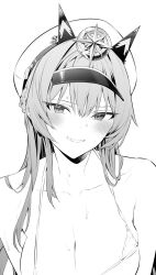 Rule 34 | 1girl, bikini, blush, braid, breasts, cleavage, commentary, french braid, goddess of victory: nikke, greyscale, hair between eyes, hat, helm (nikke), highres, hiiragi yuuichi, long hair, looking at viewer, medium breasts, micro bikini, military hat, monochrome, nervous smile, parted lips, penis, simple background, smile, solo, string bikini, sweat, swimsuit, unfinished, upper body, wavy mouth, white background