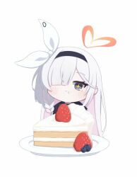 Rule 34 | + +, 1girl, black eyes, black hairband, black sailor collar, blue archive, blush, bow, cake, cake slice, chibi, cinamon (cinamori), closed mouth, commentary, eating, food, fruit, hair bow, hair over one eye, hairband, heart, looking at viewer, one eye covered, plana (blue archive), plate, sailor collar, simple background, solo, strawberry, white background, white bow, white hair