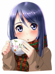 Rule 34 | 1girl, blue eyes, blue hair, blush, coat, cup, long hair, looking at viewer, matching hair/eyes, open mouth, original, scarf, solo, steam, takebi