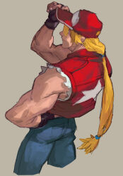 baseball_cap blonde_hair commentary denim english_commentary fatal_fury fatal_fury_cap fingerless_gloves fl_(l-fl) gloves hat jacket jeans long_hair muscular muscular_male pants perspective ponytail red_jacket simple_background solo terry_bogard