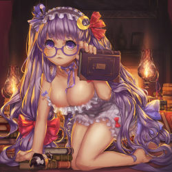 Rule 34 | 1girl, alternate headwear, areola slip, barefoot, bespectacled, book, book stack, breasts, character doll, cleavage, collarbone, crescent, crescent hair ornament, doll, downblouse, fire, fireplace, fire, glasses, hair ornament, hair ribbon, hairband, highres, kirisame marisa, lamp, large breasts, leaning forward, long hair, looking at viewer, neck ribbon, nemo (leafnight), patchouli knowledge, purple eyes, purple hair, ribbon, solo, strap slip, touhou, tress ribbon, very long hair