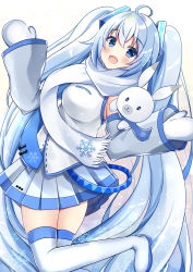 Rule 34 | 1girl, :d, ahoge, animal, bad id, bad pixiv id, blue eyes, blue hair, blush, boots, breasts, commentary, detached sleeves, fringe trim, grey sleeves, hair between eyes, hair ornament, hatsune miku, highres, long hair, long sleeves, looking at viewer, medium breasts, minami saki, mittens, open mouth, pleated skirt, print scarf, rabbit, scarf, shirt, skirt, sleeveless, sleeveless shirt, sleeves past wrists, smile, snowflakes, solo, symbol-only commentary, thigh boots, thighhighs, twintails, very long hair, vocaloid, white footwear, white mittens, white scarf, white shirt, white skirt, white thighhighs, yuki miku, yukine (vocaloid)