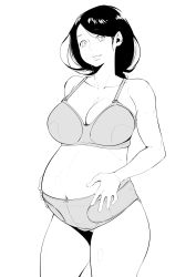 Rule 34 | 1girl, black hair, bra, breasts, cowboy shot, hands on own stomach, highres, ibnu rusydi, large breasts, looking at viewer, maternity belt, maternity underwear, monochrome, panties, pregnant, solo, standing, thick thighs, thighs, underwear, underwear only, white background