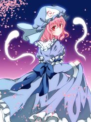 Rule 34 | 1girl, bad id, bad pixiv id, blue dress, blush, bow, chako (chakoxxx), cherry blossoms, dress, frilled dress, frills, gradient background, hat, highres, hitodama, japanese clothes, juliet sleeves, kimono, long sleeves, looking at viewer, mob cap, obi, petals, pink hair, puffy sleeves, red eyes, ribbon trim, saigyouji yuyuko, sash, skirt hold, smile, solo, touhou, triangular headpiece, veil