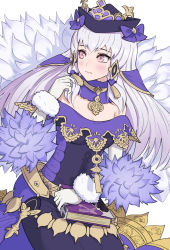 Rule 34 | 1girl, black hat, book, breasts, closed mouth, dress, fire emblem, fire emblem: three houses, fire emblem heroes, fur trim, gloves, gonzarez, hair ornament, hat, highres, holding, holding book, long hair, lysithea von ordelia, medium breasts, nintendo, pink eyes, simple background, solo, white background, white gloves, white hair