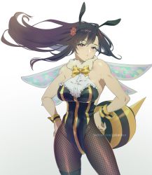 Rule 34 | antennae, asymmetrical bangs, bare arms, bee costume, black hair, breasts, cuffs, eyeshadow, final fantasy, final fantasy vii, final fantasy vii remake, fishnets, flower, goku-chan, hair flower, hair ornament, hairband, hands on own hips, highres, honey bee inn, insect wings, large breasts, leotard, makeup, muscular, muscular female, playboy bunny, pouty lips, red eyes, stinger, tifa lockhart, upper body, wall market, white background, wings
