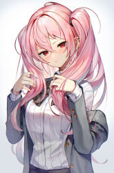 Rule 34 | 1girl, blush, bow, bowtie, breasts, closed mouth, commentary, dress shirt, duplicate, ear piercing, grey jacket, hair between eyes, hair tie, highres, holding, holding hair, jacket, long hair, long sleeves, looking at viewer, off shoulder, open clothes, open jacket, original, piercing, pink hair, pixel-perfect duplicate, plaid, plaid bow, plaid bowtie, red eyes, school uniform, scottie (phantom2), shirt, simple background, solo, twintails, two side up, upper body, white background, white shirt