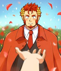 Rule 34 | 1boy, bara, blush, claude (housamo), facial hair, formal, goatee, laurel crown, long sideburns, looking at viewer, male focus, mature male, muscular, muscular male, pov, pov hands, red hair, short hair, sideburns, solo, thick eyebrows, tokyo houkago summoners, yakiemon