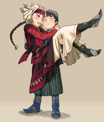 Rule 34 | 1boy, 1girl, age difference, amira, blush, boots, carrying, closed eyes, couple, full body, head scarf, hetero, husband and wife, karluk, otoyomegatari, princess carry, sage tory, simple background, standing, striped, traditional clothes, vertical stripes