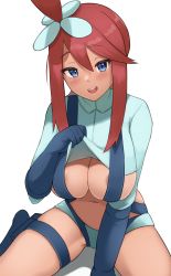 Rule 34 | 1girl, :d, absurdres, aqua shirt, areola slip, blouse, blue eyes, blue footwear, blue gloves, blue shirt, blush, boots, breasts, clothes lift, commentary request, creatures (company), dark-skinned female, dark skin, elbow gloves, game freak, gloves, hair ornament, highres, holster, large breasts, lifted by self, looking at viewer, navel, nintendo, open mouth, pokemon, pokemon bw, pouch, pyonsan, red hair, shirt, shirt lift, short shorts, shorts, sidelocks, sitting, skindentation, skyla (pokemon), smile, solo, stomach, suspenders, tan, teeth, thigh holster, thigh pouch, thigh strap, thighs, upper teeth only