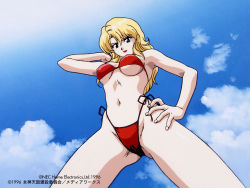 Rule 34 | 1990s (style), 1996, 1girl, arm up, bikini, blonde hair, blue eyes, breasts, cloud, copyright name, copyright notice, covered erect nipples, cowboy shot, dated, day, facing viewer, from below, hand on own hip, highleg, highleg bikini, lipstick, long hair, maharaja (megami paradise), makeup, megami paradise, navel, nec corporation, nec home electronics, official art, outdoors, red bikini, red lips, retro artstyle, side-tie bikini bottom, sky, solo, standing, swimsuit, underboob