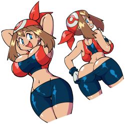 Rule 34 | 1girl, arms up, ass, bandana, bare shoulders, bike shorts, blue eyes, breasts, brown hair, butt crack, creatures (company), from behind, game freak, gloves, grin, highres, huge ass, huge breasts, looking back, may (pokemon), midriff, multiple views, navel, nintendo, open mouth, pokemon, pokemon (anime), pokemon rse, sidelocks, simple background, smile, stealth brock, tank top, thigh gap, thighs, white background, wide hips