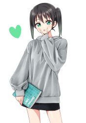 Rule 34 | 1girl, :p, black hair, black skirt, blush, book, cowboy shot, deadnooodles, drawstring, green eyes, green hair, grey hoodie, heart, highres, holding, holding book, hood, hood down, hoodie, long sleeves, looking at viewer, love live!, love live! nijigasaki high school idol club, love live! school idol festival all stars, miniskirt, multicolored hair, simple background, skirt, sleeves past wrists, solo, takasaki yu, tongue, tongue out, twintails, two-tone hair, v, v over mouth, white background