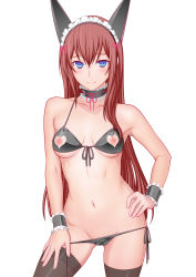 Rule 34 | 1girl, animal ears, bare shoulders, bikini, black thighhighs, blue eyes, blush, breasts, brown hair, cat ears, choker, clothing cutout, fake animal ears, front-tie top, hand on own hip, heart, heart cutout, highres, long hair, looking at viewer, makise kurisu, md5 mismatch, medium breasts, navel, nippleless clothes, nipples, shoumaru (gadget box), simple background, smile, solo, standing, steins;gate, swimsuit, thighhighs, very long hair, white background, wrist cuffs