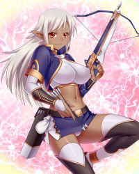 Rule 34 | 1girl, albino, artist request, bow (weapon), character request, closed mouth, copyright request, crossbow, dark skin, dark-skinned female, female focus, long hair, looking at viewer, midriff, navel, panties, red eyes, skirt, smile, solo, source request, straight hair, thighhighs, underwear, weapon, white hair, white panties, zettai ryouiki