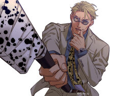 Rule 34 | 1boy, animal print, belt, brown belt, brown eyes, collared shirt, commentary request, cowboy shot, formal, goggles, grey jacket, grey pants, grey suit, hand on own chin, holding, holding knife, holding weapon, jacket, jujutsu kaisen, kijinkutsu, knife, leopard print, long sleeves, looking at viewer, male focus, nanami kento, necktie, pants, shirt, solo, suit, teeth, upper teeth only, watch, weapon, white background, wristwatch