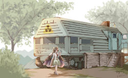 Rule 34 | 1girl, absurdres, arm cannon, bird wings, black hair, black wings, bow, caterpillar tracks, chinese commentary, commentary request, dated, green skirt, hair bow, highres, long hair, outdoors, pzgr.40, radiation symbol, red eyes, reiuji utsuho, signature, skirt, solo, stairs, tes-3, touhou, tree, vehicle focus, weapon, wide shot, wings