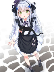 Rule 34 | 1girl, :o, absurdres, animal, ankle socks, apron, black apron, black bow, black cat, black footwear, black hairband, blouse, blush, bow, brown socks, cat, collared shirt, commentary, dress shirt, facial mark, frilled apron, frills, girls&#039; frontline, hair bow, hair ornament, hairband, hat, highres, hk416 (black kitty&#039;s gift) (girls&#039; frontline), hk416 (girls&#039; frontline), long hair, long sleeves, looking at viewer, md5 mismatch, mini hat, official alternate costume, parted lips, pleated skirt, puffy long sleeves, puffy sleeves, purple headwear, resolution mismatch, revision, ribbed legwear, shirt, shoes, silver hair, skirt, socks, solo, tilted headwear, two side up, very long hair, white background, white shirt, white skirt, xue lu