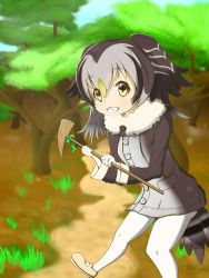 Rule 34 | 1girl, beige footwear, bird girl, bird tail, coat, feathers, forest owlet (kemono friends), gloves, grey coat, grey hair, grin, highres, holding, kemono friends, mary janes, owl girl, shoes, smile, solo, tail, tree, white gloves, yellow eyes, yuuyrx
