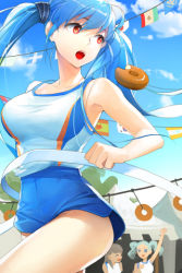 Rule 34 | 3girls, blue hair, breasts, cloud, day, doughnut, flag, flags of all nations, food, large breasts, lowres, luthica preventer, multiple girls, red eyes, salt (salty), shirt, sky, sportswear, string of flags, sword girls, taut clothes, taut shirt, training, twintails, wind, wind lift