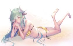 Rule 34 | 1girl, breasts, dragon horns, fate/grand order, fate (series), green hair, horns, kiyohime (fate), large breasts, long hair, looking at viewer, oukawa yuu, swimsuit, yellow eyes
