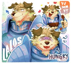 Rule 34 | &gt; &lt;, 1boy, absurdres, armor, blonde hair, collage, dog boy, dungeon meshi, eating, english text, expressions, fungiteh, furrification, furry, furry male, highres, laios touden, loving aura, male focus, short hair, spoon, tearing up, thick eyebrows, turn pale
