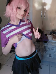 Rule 34 | 1boy, astolfo (fate), astolfo (fate) (cosplay), clothes lift, cosplay, crossdressing, fate/grand order, fate (series), lifting own clothes, looking at viewer, medium hair, midriff, navel, photo (medium), pink hair, shirt, shirt lift, skirt, solo, trap, trappychan, v