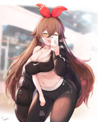 Rule 34 | 1girl, absurdres, alternate breast size, amber (genshin impact), arm up, bare shoulders, black jacket, blush, breasts, brown hair, cellphone, cleavage, collarbone, crossed bangs, genshin impact, hair between eyes, half-closed eyes, highres, holding, jacket, jacket partially removed, large breasts, long hair, long sleeves, mask, mouth mask, navel, open clothes, open mouth, phone, puffy sleeves, riba, ribbon, selfie, smartphone, smile, spandex, sports bra, stomach, thighs