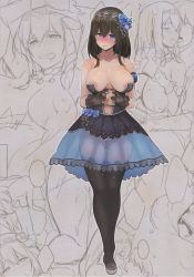 Rule 34 | 10s, 1girl, absurdres, adapted costume, areola slip, arm garter, artist request, bare shoulders, black hair, blue eyes, blue flower, blue rose, blush, book, breasts, cleft of venus, collarbone, dress, female pubic hair, flower, gloves, hairband, highres, idolmaster, idolmaster cinderella girls, idolmaster cinderella girls starlight stage, kurowa, large breasts, multiple views, naughty face, no panties, pubic hair, pussy, rose, sagisawa fumika, satin gloves, scan, see-through, see-through dress, see-through skirt, shoes, sketch, skirt, sweat, thighhighs