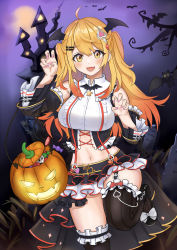 1girl, :d, absurdres, ahoge, bare shoulders, bat, bat wings, black footwear, black legwear, black sleeves, blonde hair, blush, breasts, center frills, collared shirt, corset, cross-laced clothes, detached sleeves, fang, frilled shirt, frilled skirt, frilled sleeves, frills, garter straps, hair ornament, hairclip, halloween, halloween bucket, head wings, heart, heart hair ornament, highres, hololive, jiu fanglianhua, knee up, large breasts, layered skirt, loafers, long hair, looking at viewer, microskirt, midriff, nail polish, narrow waist, navel, open mouth, pink nails, pinstripe legwear, pinstripe pattern, purple background, shirt, shoes, showgirl skirt, single garter strap, skin fang, skirt, sleeveless, sleeveless shirt, smile, solo, striped, suspender skirt, suspenders, thighhighs, two side up, underbust, vampire, virtual youtuber, white shirt, wide hips, wide sleeves, wings, yellow eyes, yozora mel