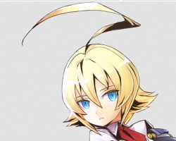 Rule 34 | 1girl, ahoge, blazblue, blonde hair, blue eyes, closed mouth, collared shirt, commentary, derivative work, english commentary, es (xblaze), grey background, hair between eyes, huge ahoge, jiffic, looking at viewer, necktie, red necktie, shirt, short hair, simple background, slit pupils, solo, white shirt, wing collar, xblaze