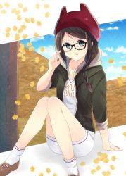 Rule 34 | 10s, 1girl, :p, arm support, autumn, autumn leaves, beanie, bespectacled, blue eyes, braid, brown hair, collarbone, glasses, hair ornament, hair over shoulder, hairclip, hat, highres, hood, hooded jacket, jacket, kantai collection, knees together feet apart, looking at viewer, parted bangs, shigure (kancolle), shoes, shorts, single braid, sitting, smile, socks, solo, tongue, tongue out, v-neck, yukichi (eikichi)