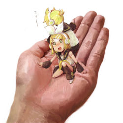 Rule 34 | 1boy, 1girl, blonde hair, brother and sister, chibi, den, in palm, kagamine len, kagamine rin, mini person, miniboy, minigirl, realistic, short hair, siblings, translated, twins, vocaloid