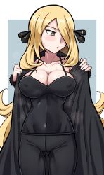 Rule 34 | 1girl, alternate breast size, black coat, black pants, black shirt, blonde hair, blush, border, breasts, cleavage, coat, collarbone, commentary request, covered erect nipples, covered navel, cowboy shot, creatures (company), cynthia (pokemon), dokushu yanagi5322, eyelashes, game freak, grey eyes, hair ornament, hair over one eye, highres, large breasts, long hair, looking away, nintendo, open clothes, open coat, outside border, pants, pokemon, pokemon dppt, shirt, solo, steaming body, sweat, thigh gap, white border