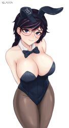 Rule 34 | 1girl, animal ears, artist name, black hair, blue eyes, blush, bow, bowtie, breasts, cleavage, closed mouth, commentary, cowboy shot, detached collar, dokkaebi (rainbow six siege), english commentary, fake animal ears, glasses, highres, imnotslackin, large breasts, leotard, looking at viewer, playboy bunny, rabbit ears, rainbow six siege, simple background, solo, white background